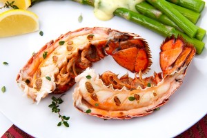broiled lobster tail, lightly brushed with herbed butter